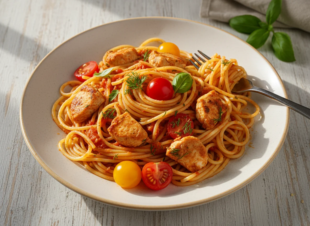 Спагетти с курицей и томатным соусом photo