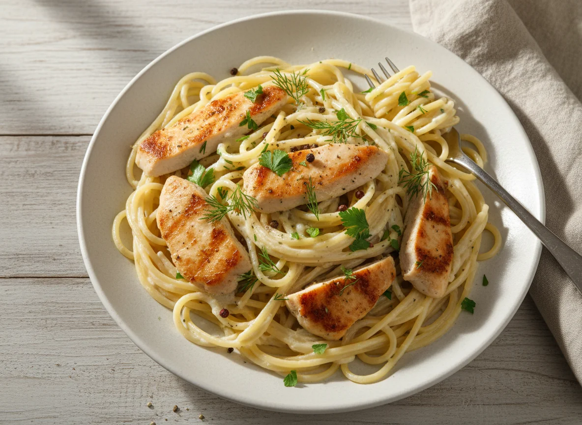 Спагетти с курицей в сливочном соусе photo