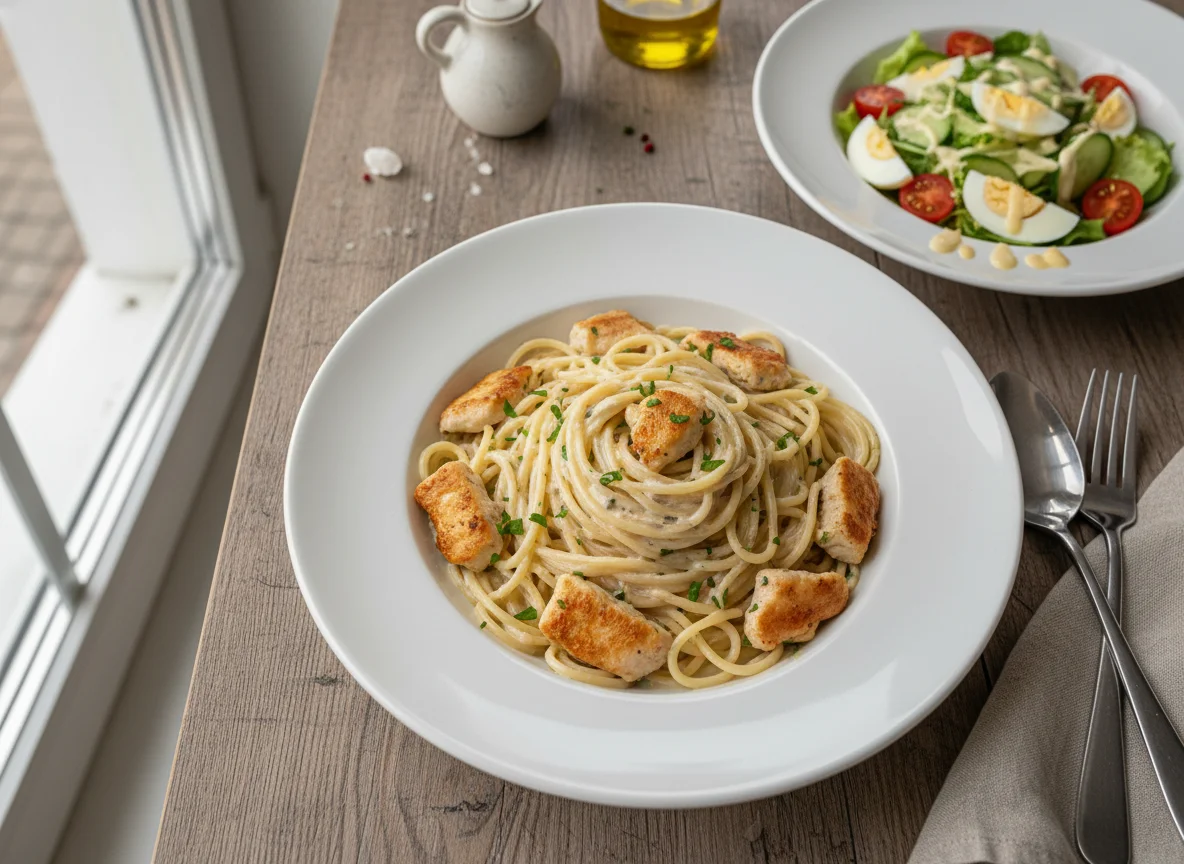 Спагетти с курицей в сливочном соусе и салат photo