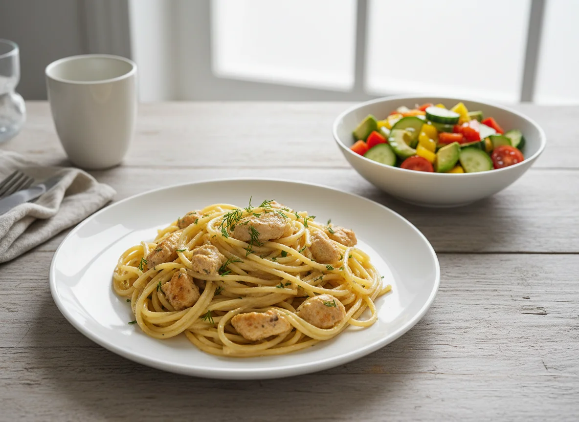 Спагетти с курицей в соусе и овощным салатом photo