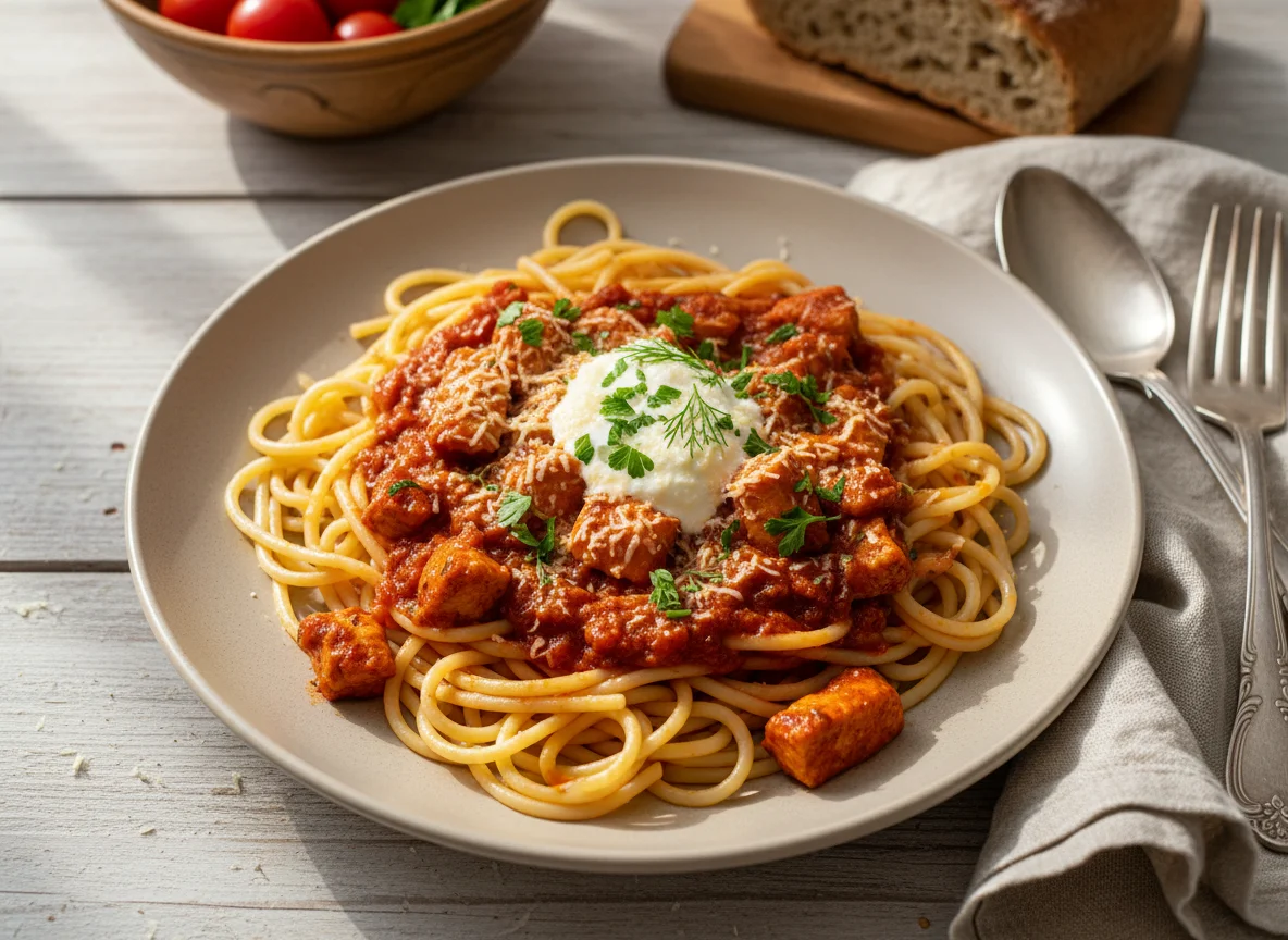 Спагетти с курицей в томатном соусе photo