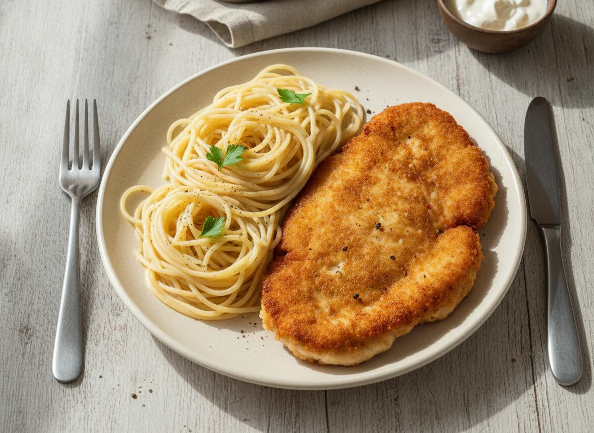 Спагетти с куриной отбивной photo