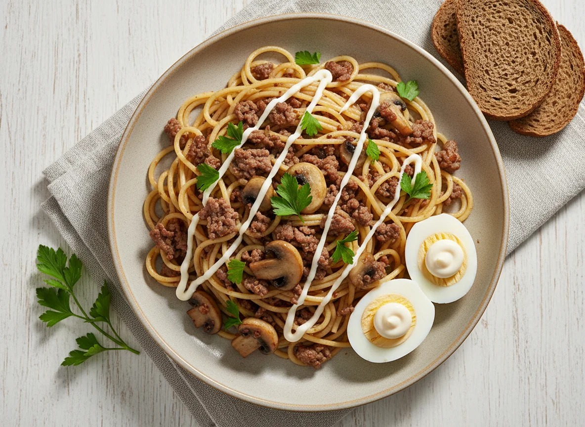 Спагетти с мясным фаршем и грибами, яйца и зелень photo