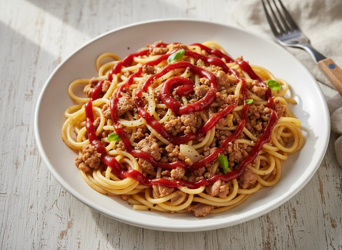 Спагетти с мясным фаршем и кетчупом photo