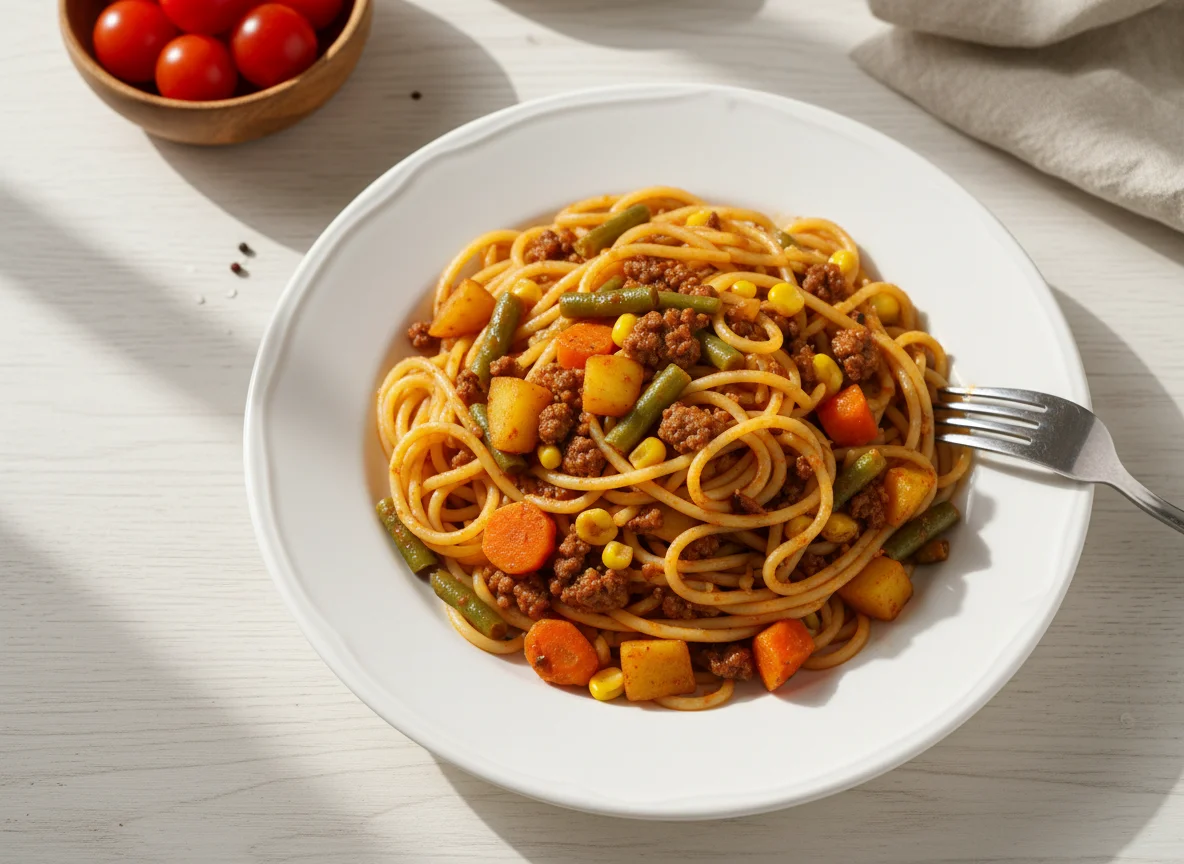 Спагетти с мясным фаршем и овощами photo