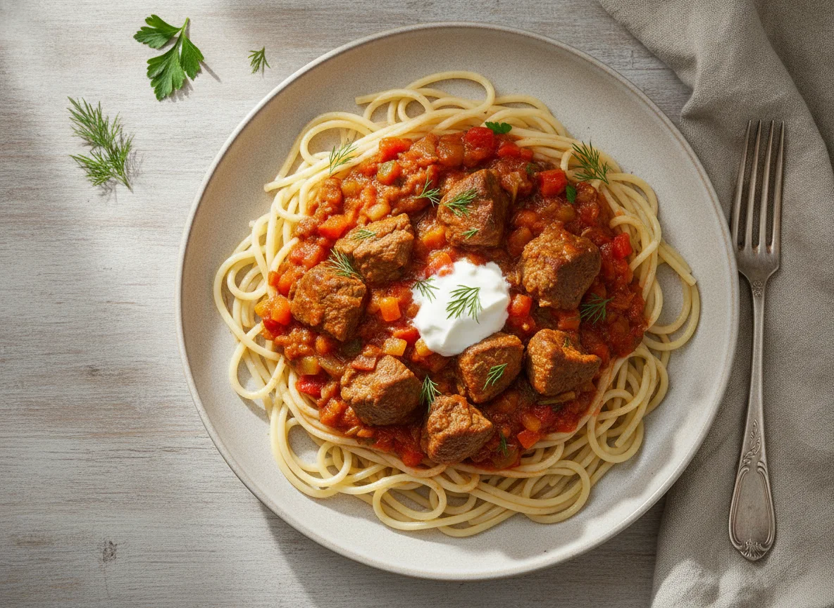 Спагетти с мясным гуляшом photo