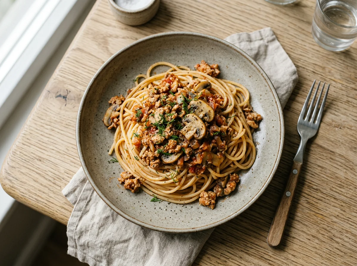 Спагетти с мясным соусом и грибами photo