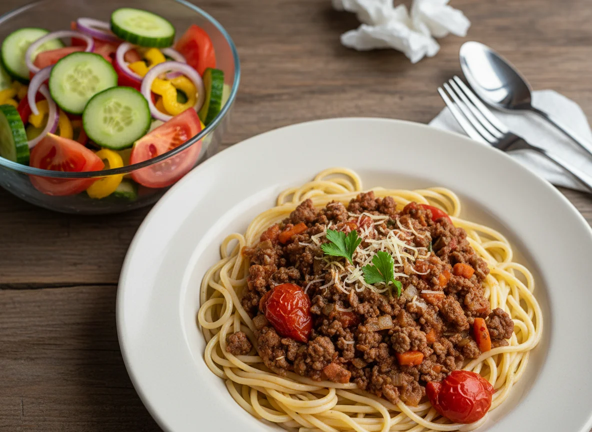 Спагетти с мясным соусом и овощной салат photo