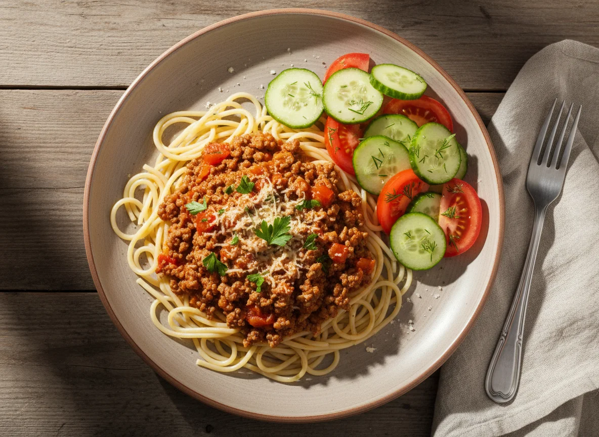 Спагетти с мясным соусом и овощным салатом photo