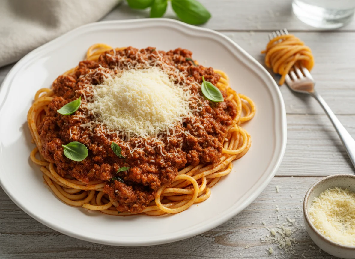 Спагетти с мясным соусом и сыром photo