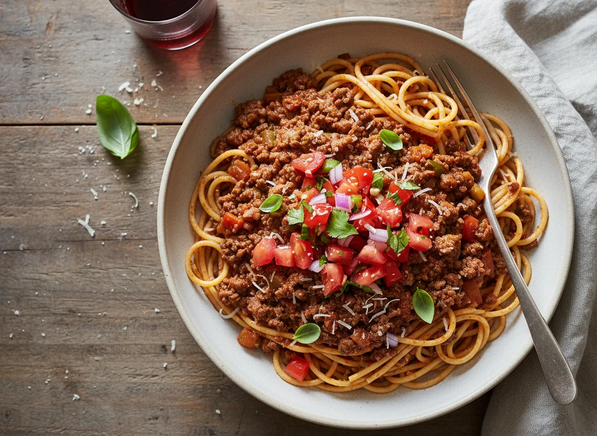 Спагетти с мясным соусом и томатной сальсой photo