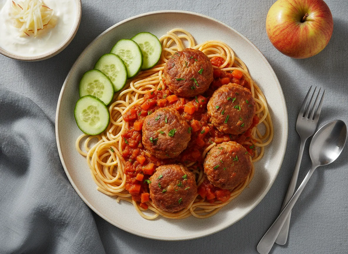 Спагетти с мясным соусом, огурцы, яблоко и йогурт photo