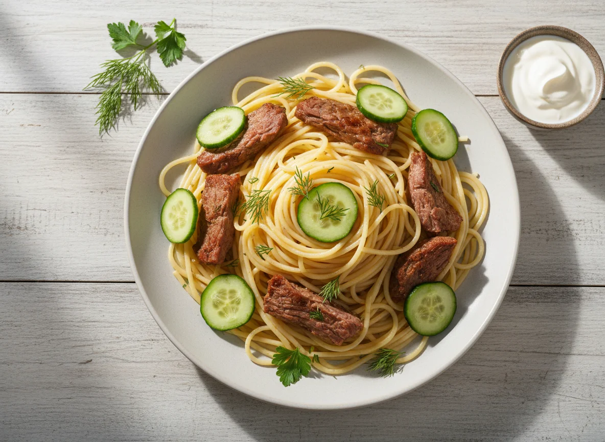 Спагетти с мясом и огурцами photo