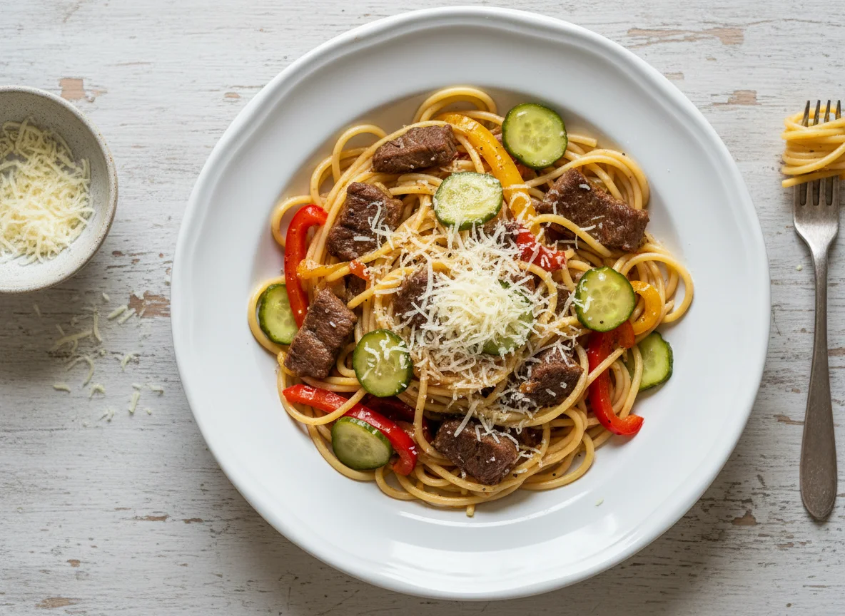 Спагетти с мясом и овощами photo