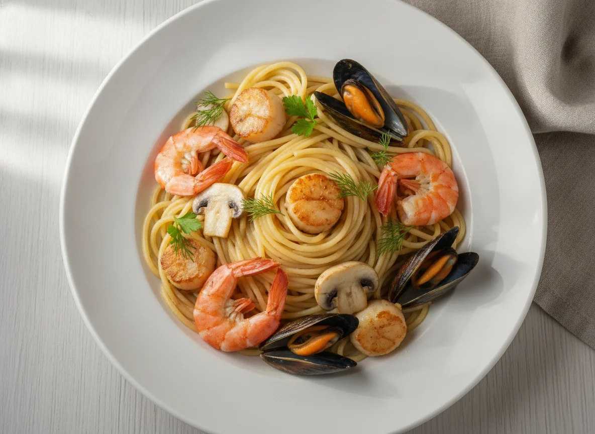 Спагетти с морепродуктами и грибами photo