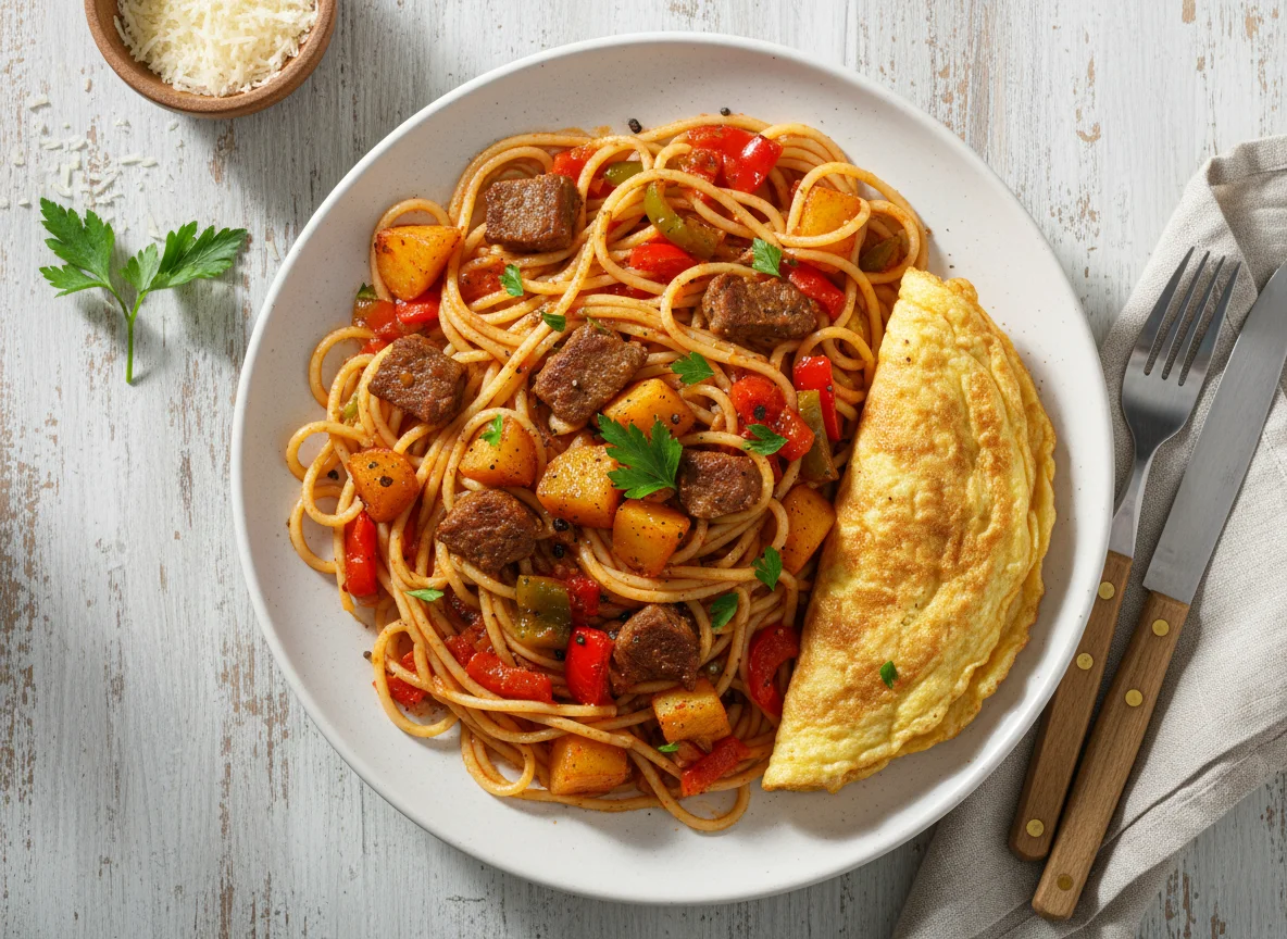 Спагетти с овощами и мясом photo