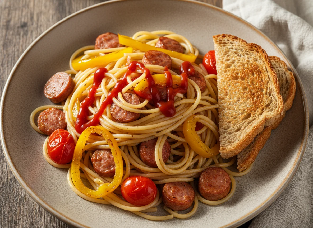 Спагетти с овощами, сосисками и тостом photo