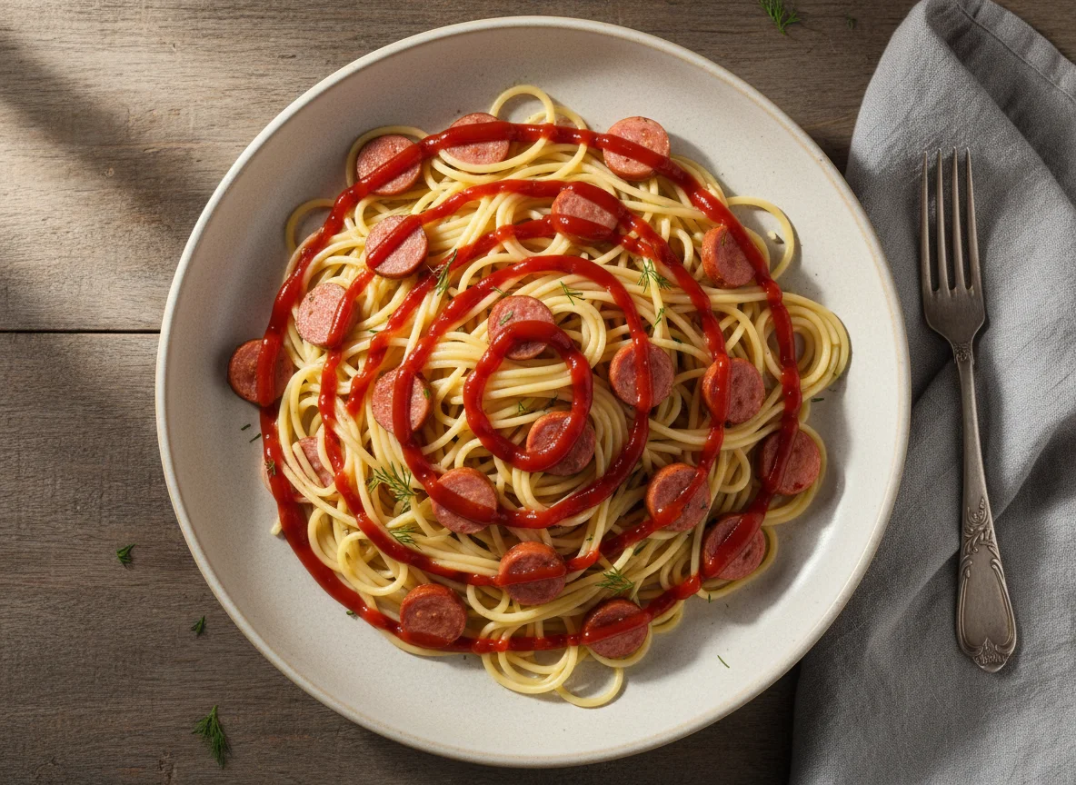 Спагетти с сосисками и кетчупом photo