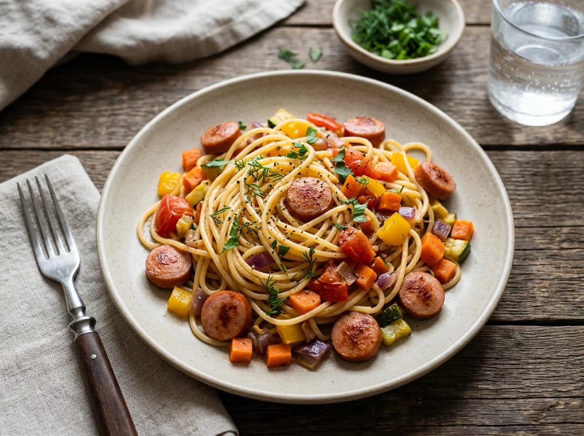 Спагетти с сосисками и овощами photo