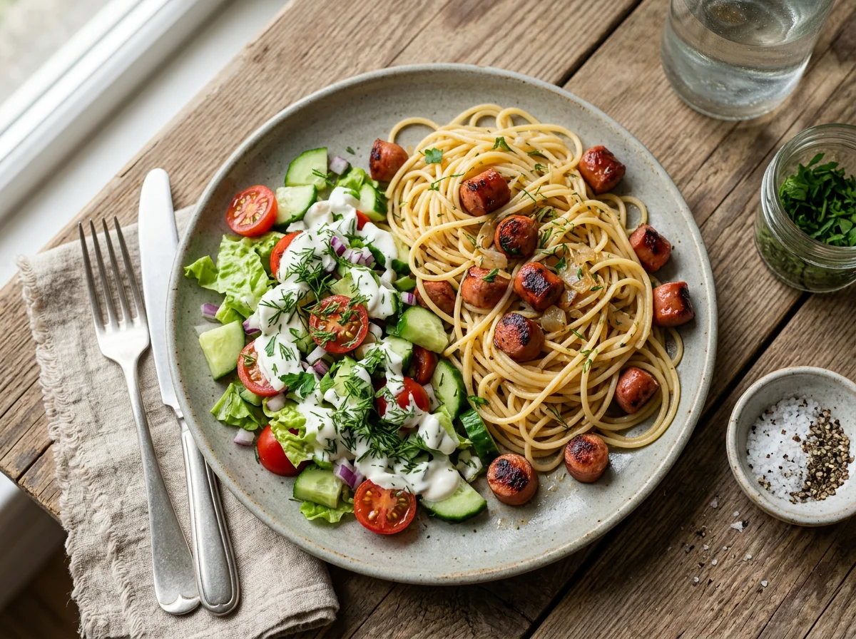 Спагетти с сосисками и овощным салатом photo