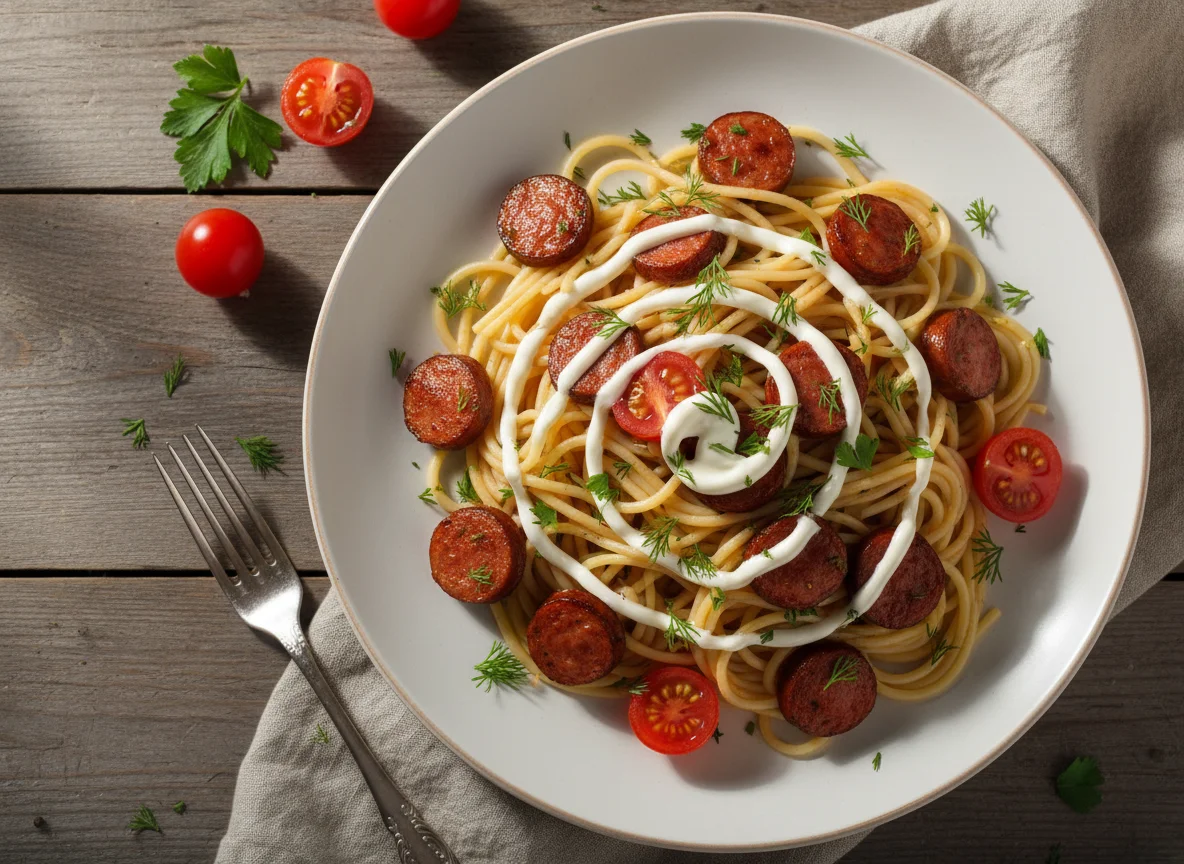 Спагетти с сосисками и помидорами photo