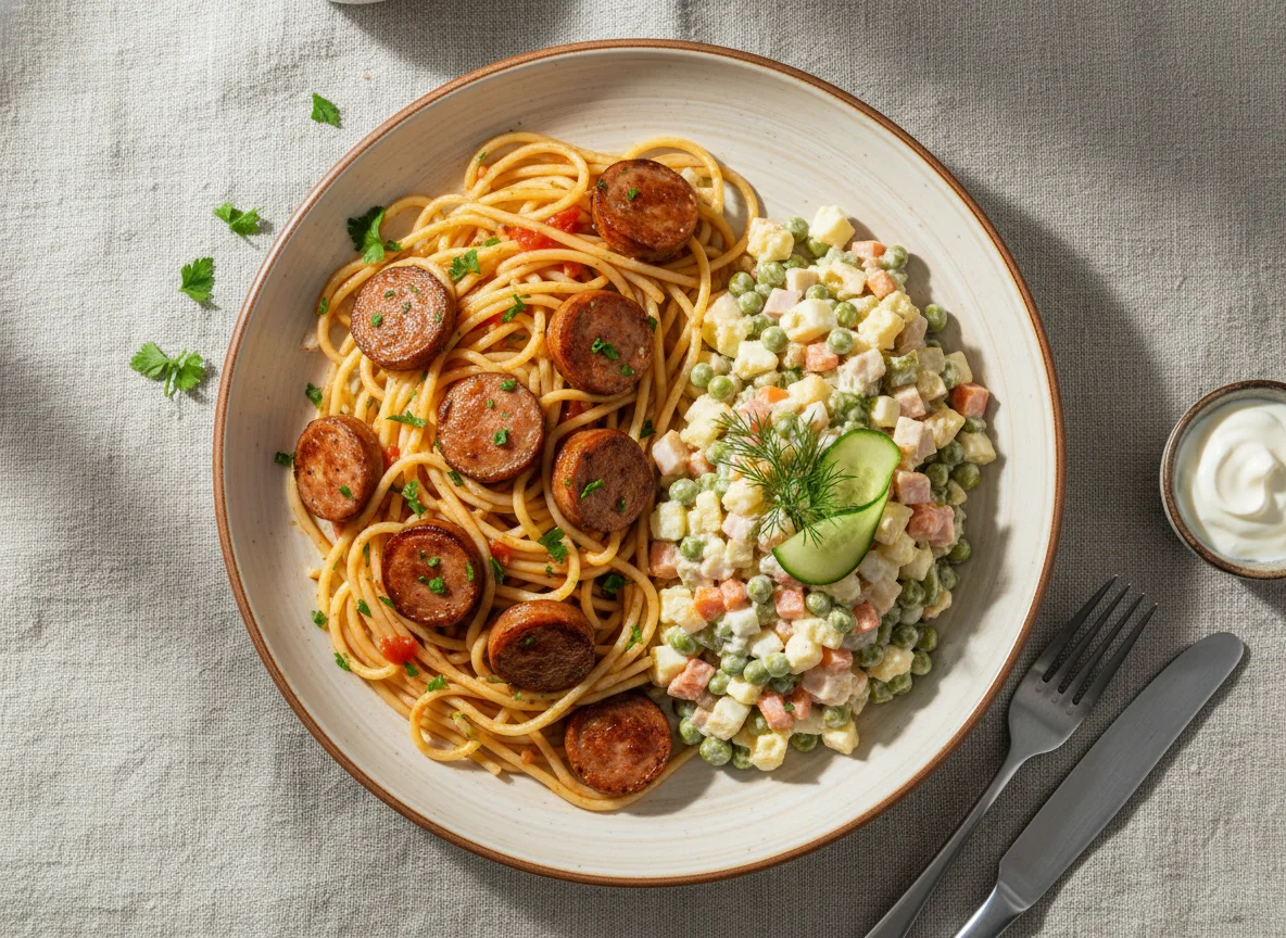 Спагетти с сосисками и салат Оливье photo