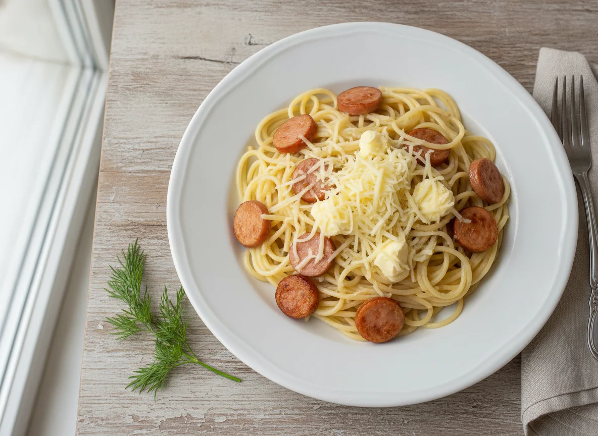 Спагетти с сосисками и сыром photo