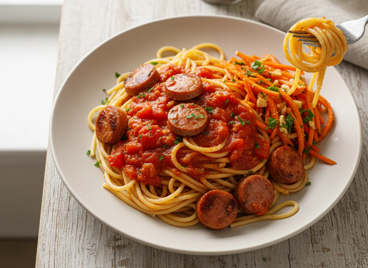 Спагетти с сосисками, томатным соусом и морковным салатом photo