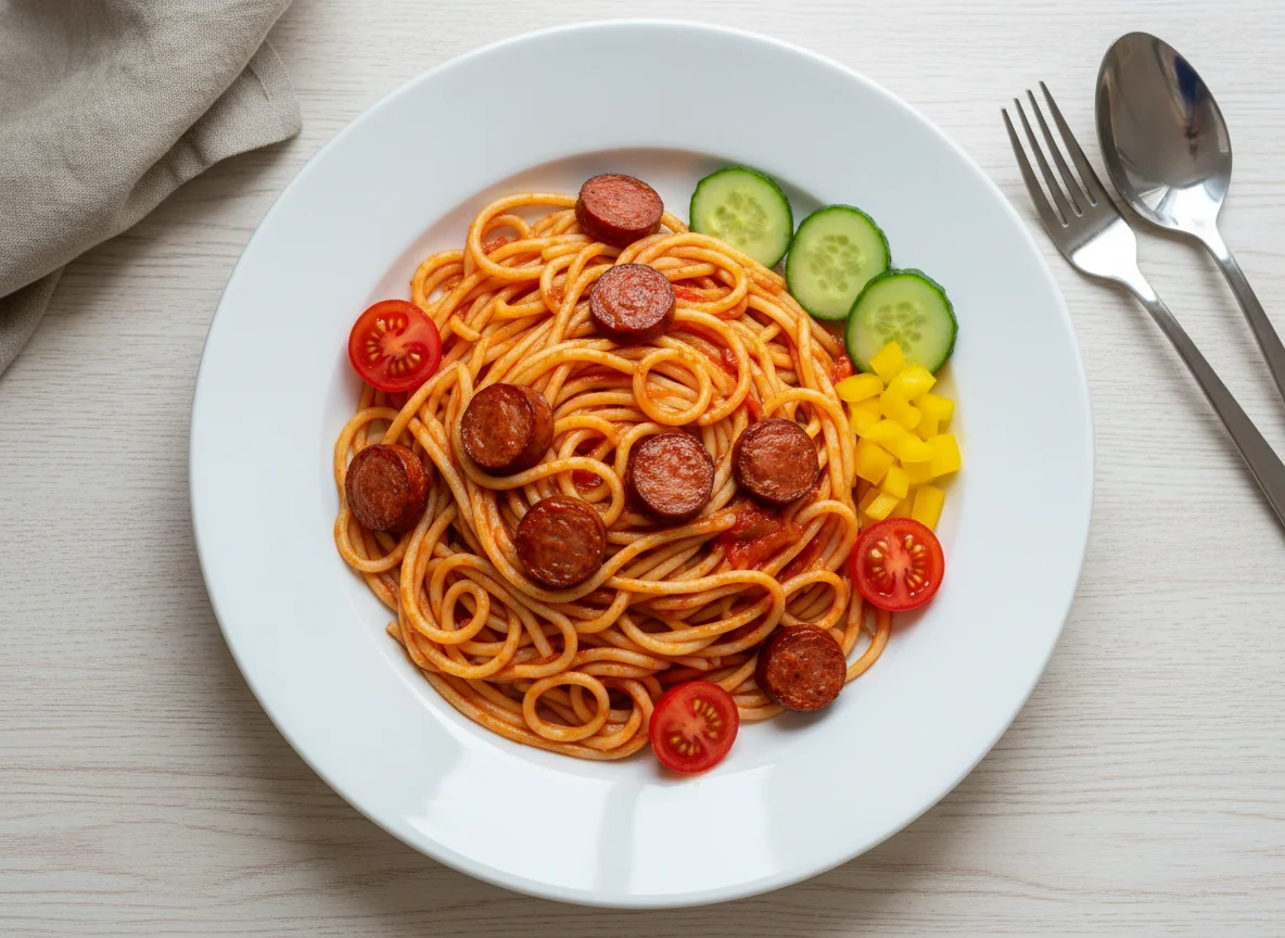Спагетти с сосиской и овощами photo