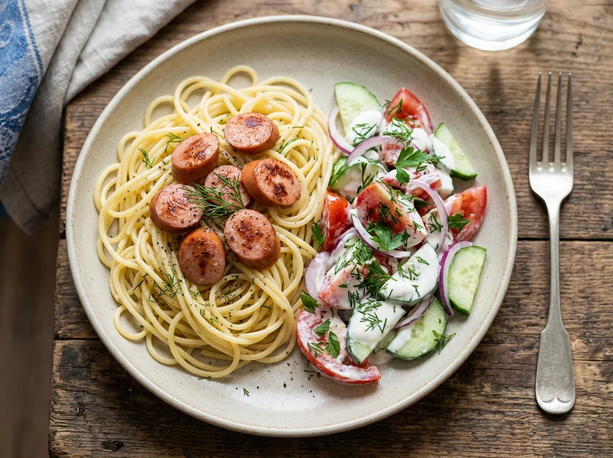 Спагетти с сосиской и овощным салатом photo