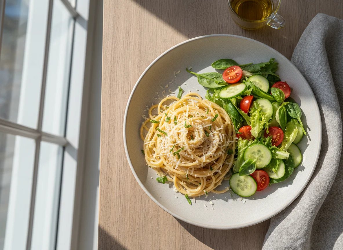 Спагетти с сыром и овощным салатом photo