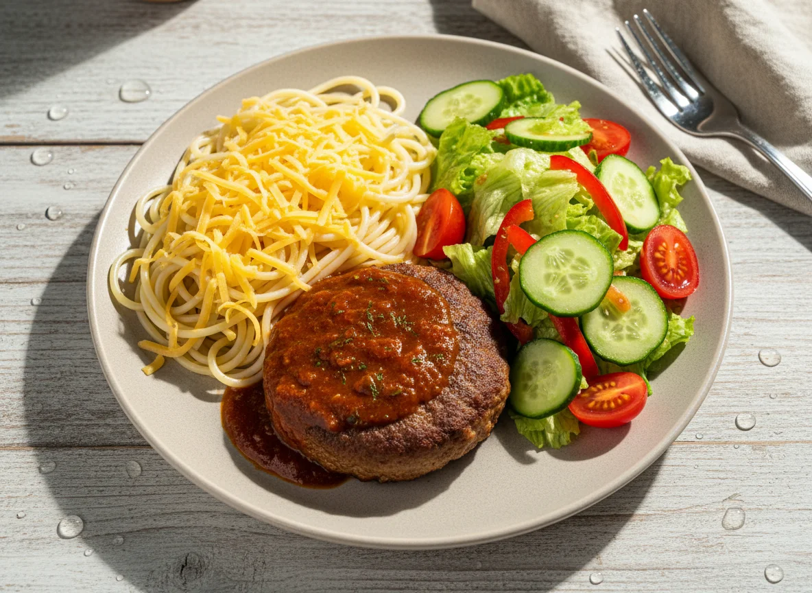 Спагетти с сыром, мясной котлетой в соусе и овощным салатом photo