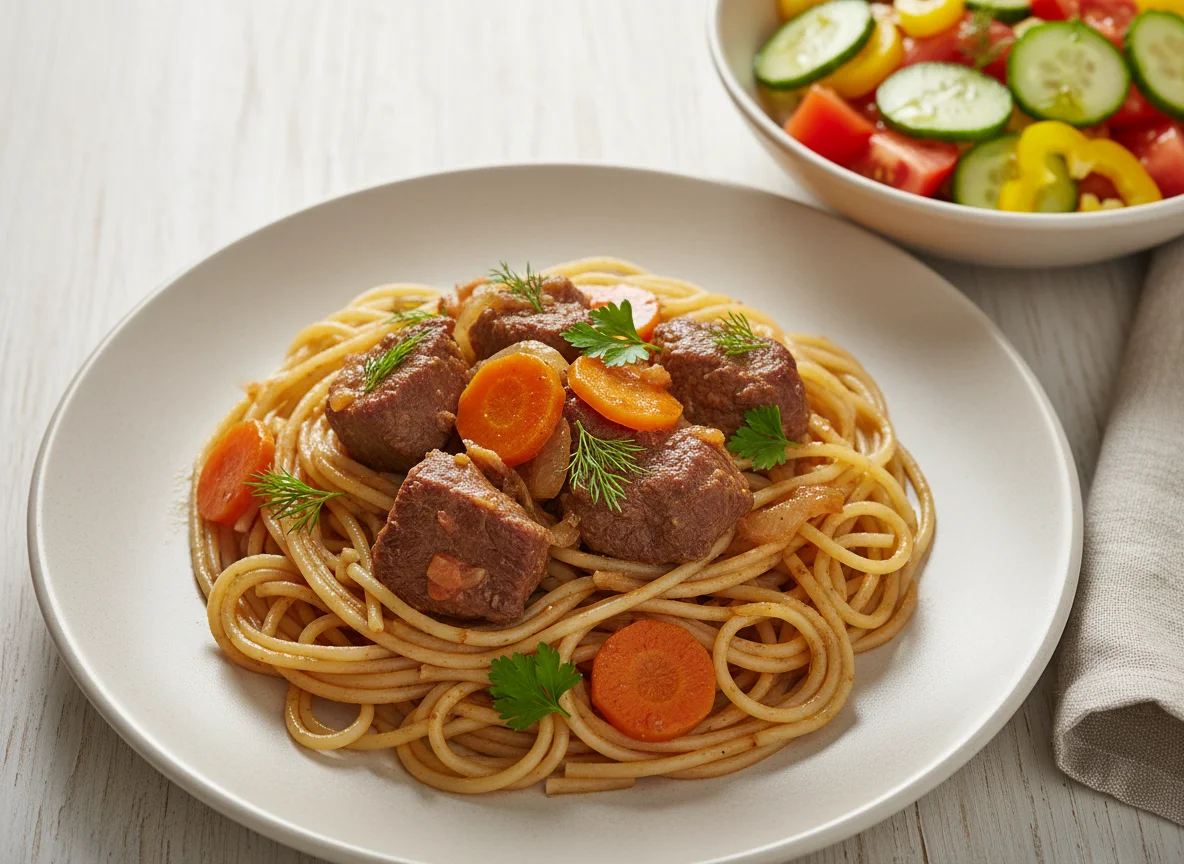 Спагетти с тушеным мясом и овощной салат photo