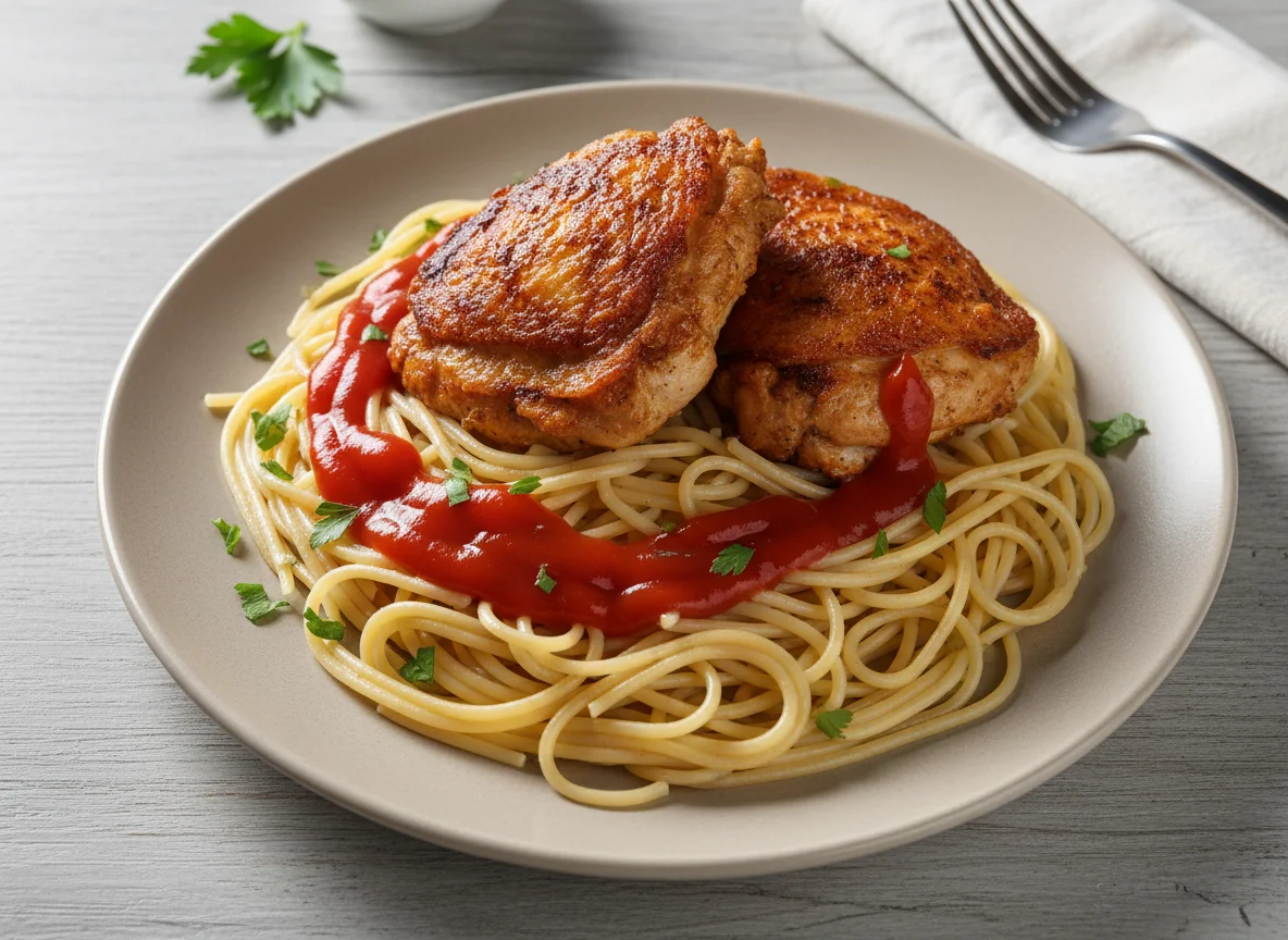 Спагетти с жареной курицей и кетчупом photo
