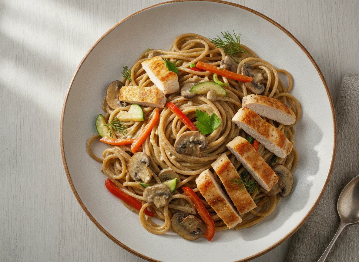 Спагетти со сливочно-грибным соусом и куриной грудкой photo