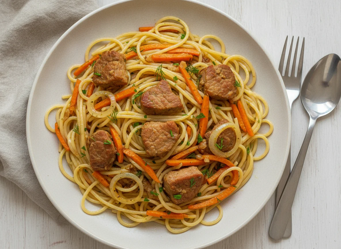 Спагетти со свининой и овощами photo