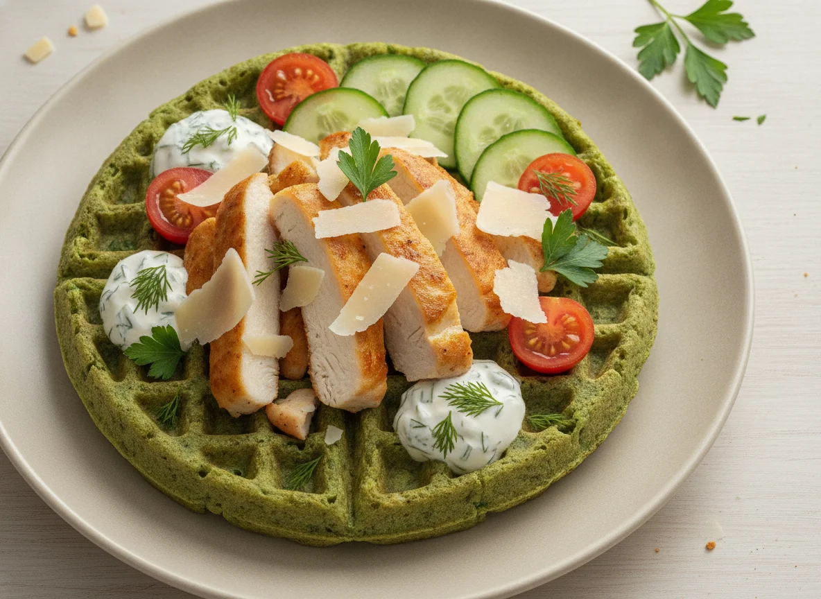Шпинатная вафля с курицей и сыром photo