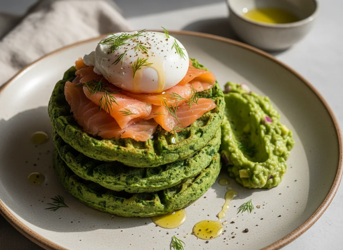 Шпинатные вафли с лососем, гуакамоле и яйцом пашот photo