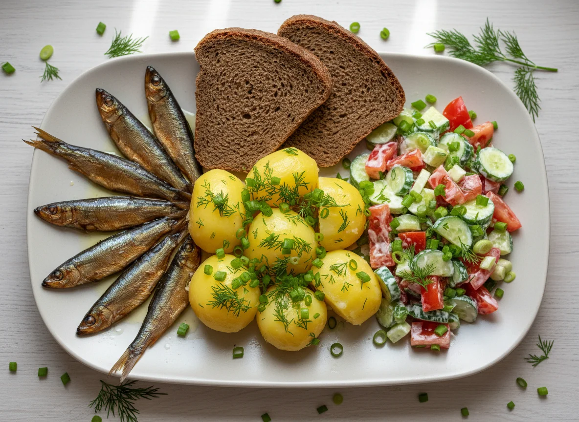 Шпроты с картофелем и овощным салатом photo