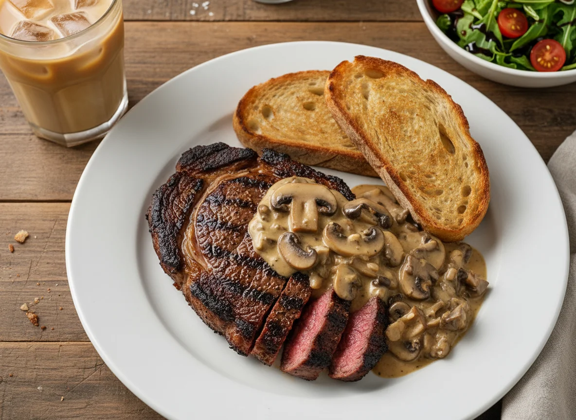 Стейк из говядины с грибным соусом и гарниром photo