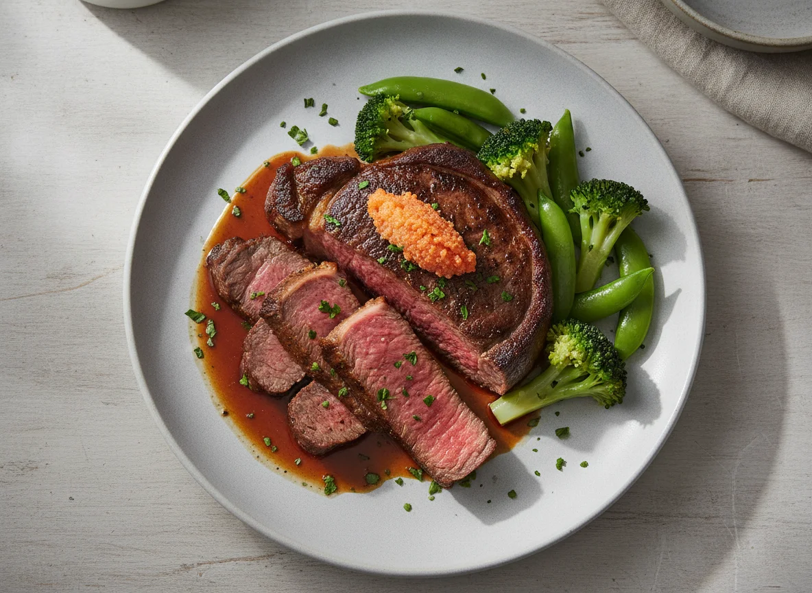 Стейк из говядины с овощами и соусом photo