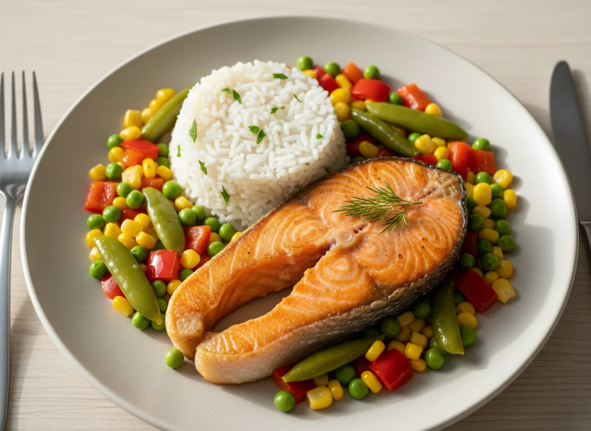 Стейк из лосося с рисом и овощами photo