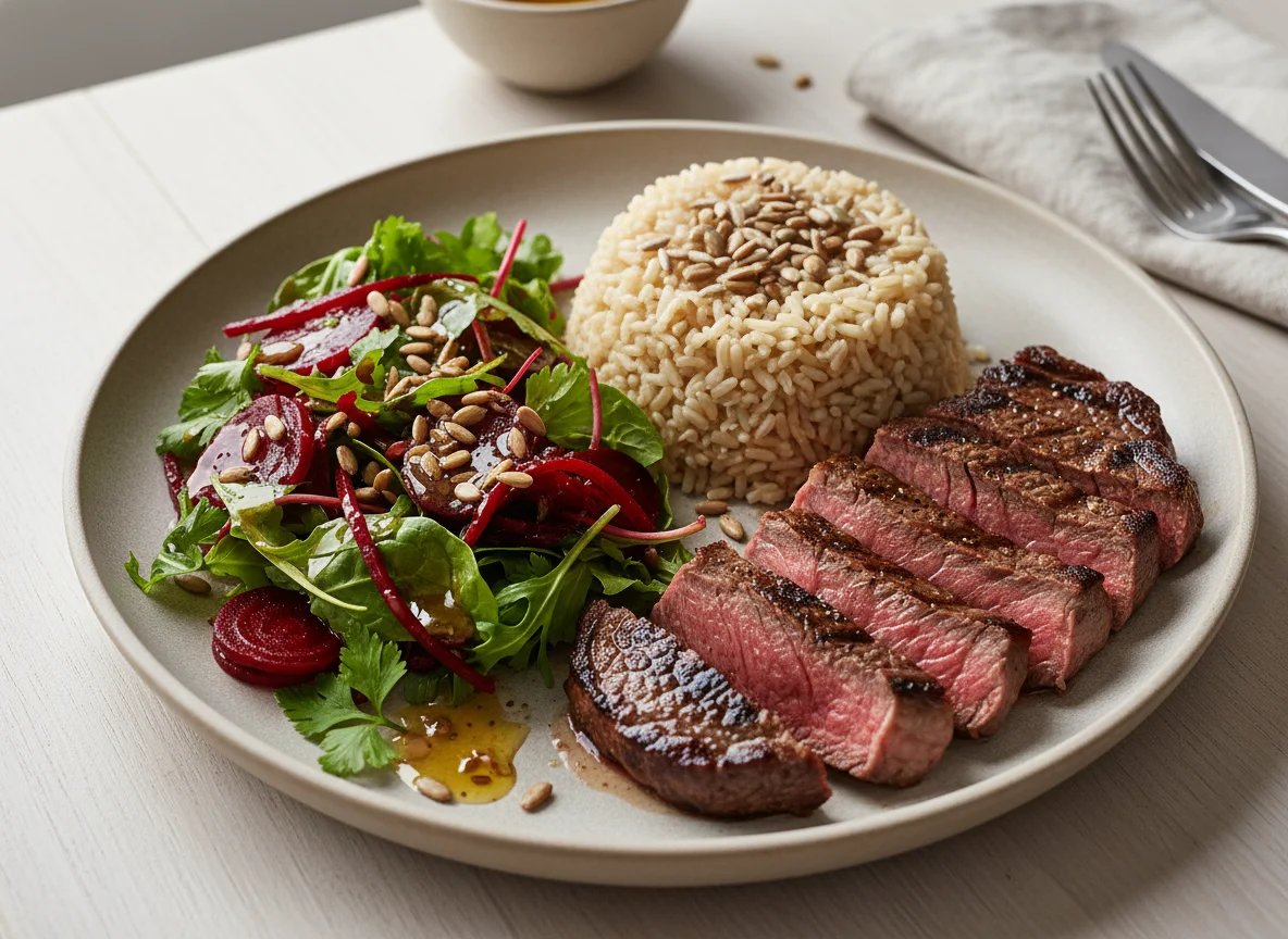 Стейк с бурым рисом и свекольным салатом photo