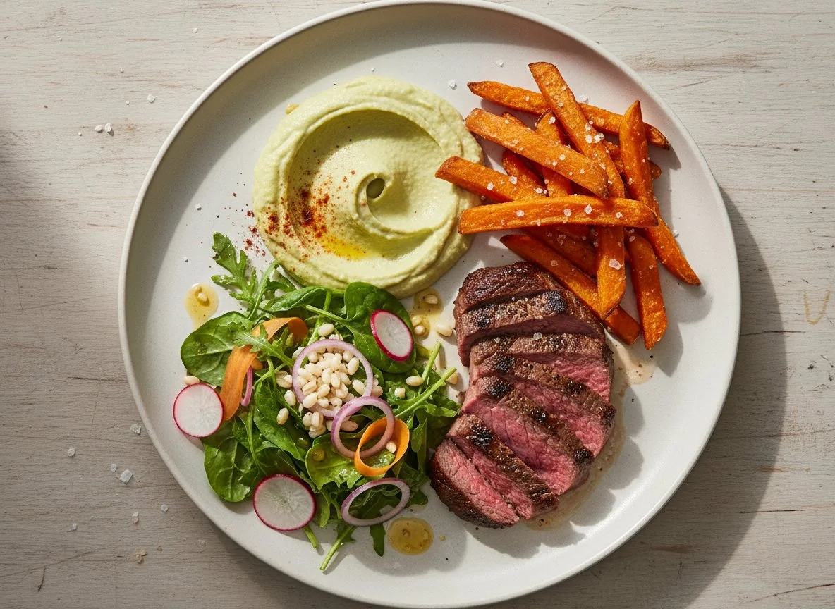 Стейк с гарниром и салатом photo