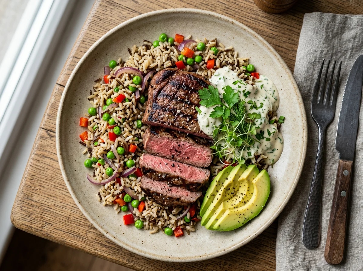 Стейк с гарниром из дикого риса и овощей photo