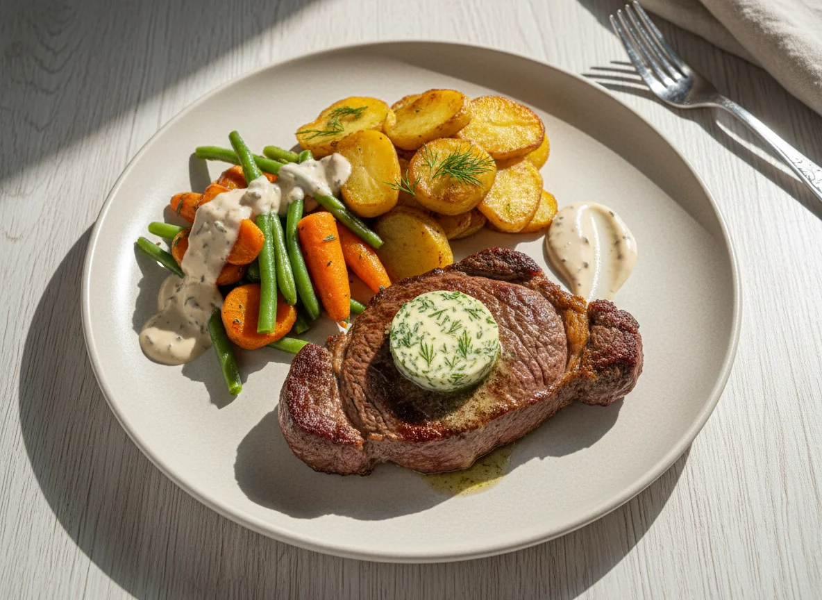 Стейк с овощами и картофелем photo