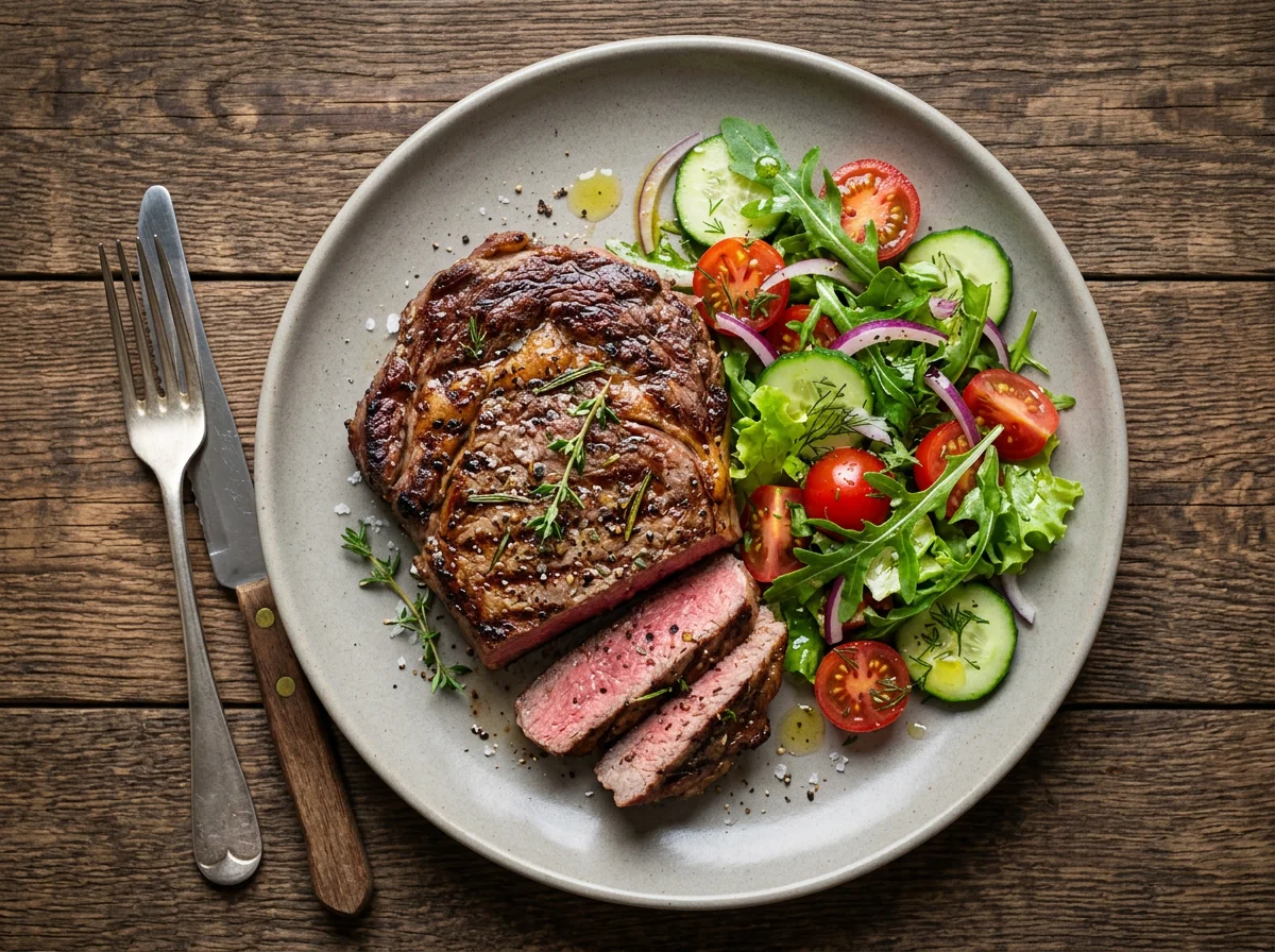 Стейк с овощным салатом photo