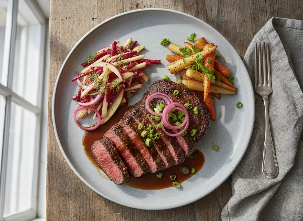 Стейк с соусом и гарнирами photo