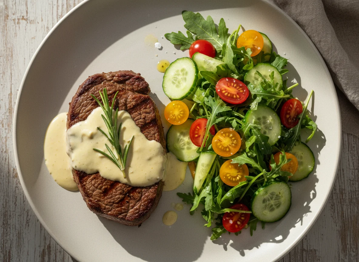 Стейк с соусом и овощным салатом photo