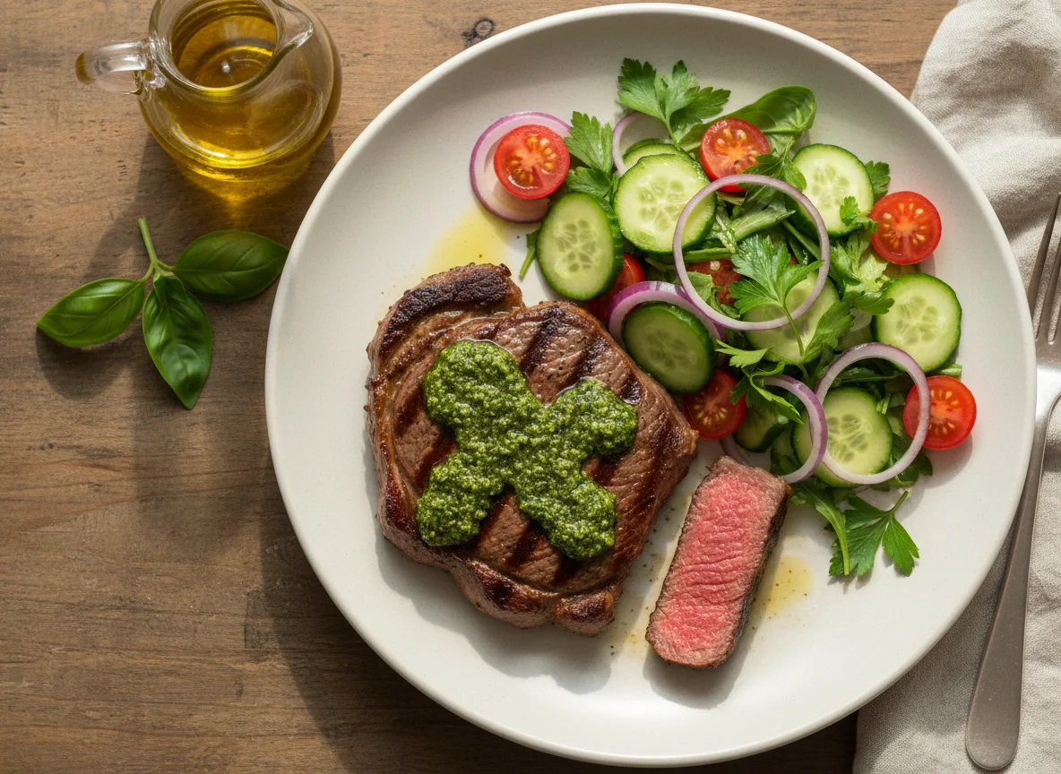 Стейк с соусом песто и овощной салат photo